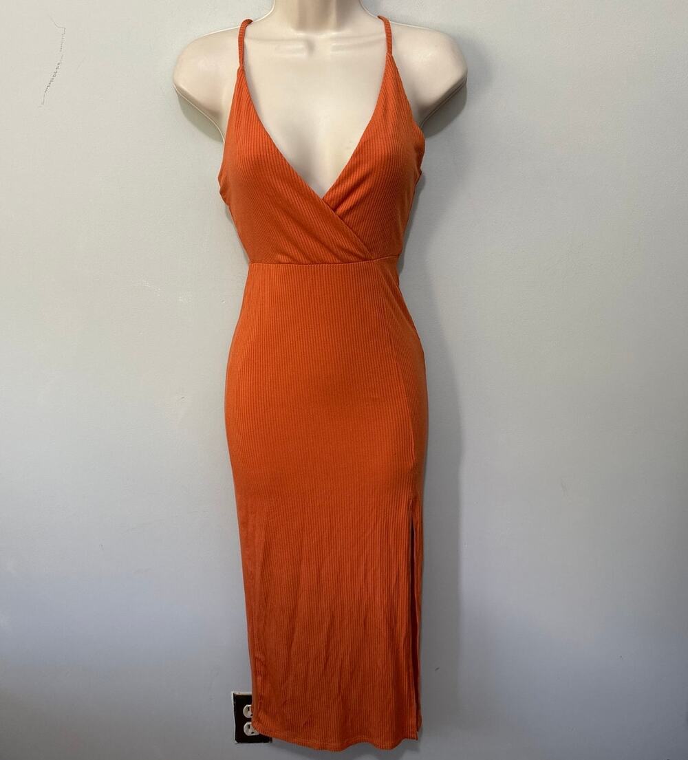 Forever 21 Dress XS Orange Strappy Ribbed Knit Midi Indie Sleaze Night Out Club